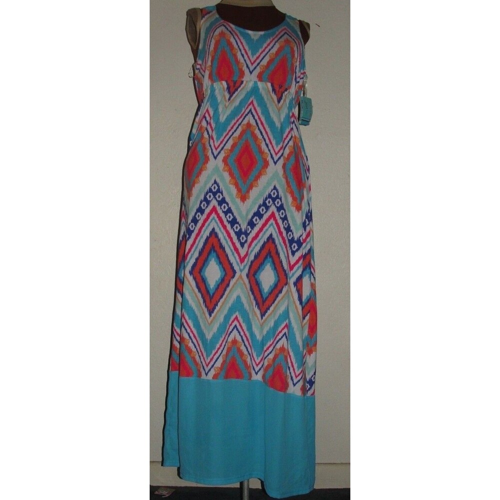 Women's SZ M Just Be blue aztec print sleeveless polyester blend MAXI DRESS